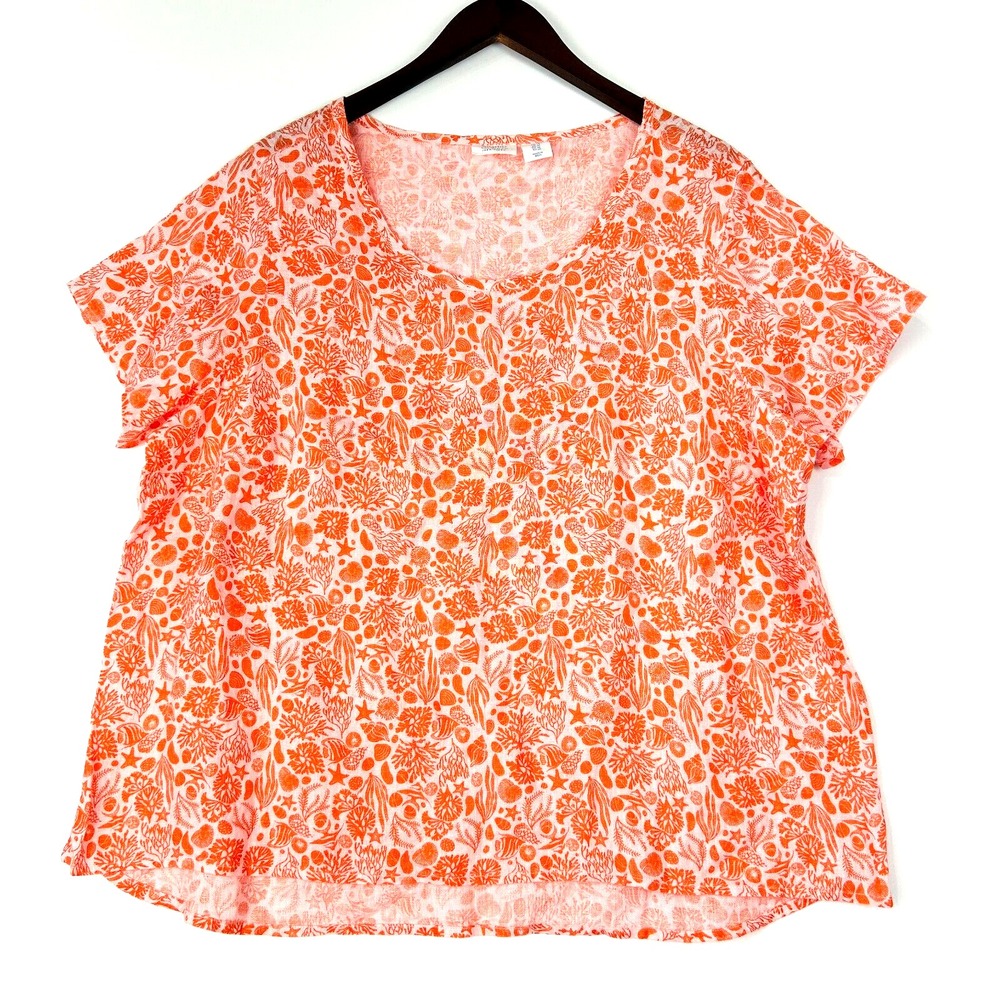 Sigrid Olsen 100% Linen Top 1X Blouse Orange Sea Life Print Beachy